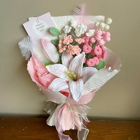 ANNE'S GIVERNY White Pink Lily Crochet Flower Bouquet, for Birthday, Teacher, Girlfriend, Mom, Love Crochet Home Decor, Fully Wrapped (Lilies and Hyacinth) Cover