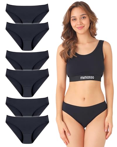 mimosso Calzoncillos para mujer de algodón orgánico, transpirables (6 unidades), ropa interior para mujer, sin cintura elástica (S a 3XL), Negro , XL