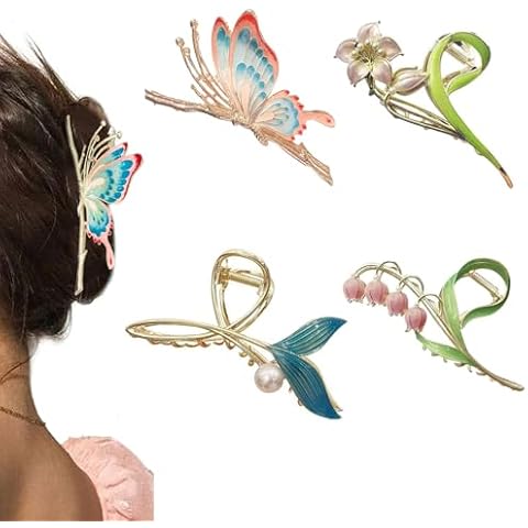 4Pcs Hair Clips for Women Large Non-Slip Strong Metal Hair Claw: Butterfly, Flower, Mermaid Sparkly Jaw Claws for Thick Hair Cover