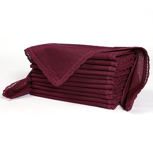 Ramanta Home Linen Flax Cloth Napkins Set of 12 Burgundy, 18x18 Inch | Easter Premium Cotton Linen Flax Lace Soft & Durable | Washable Ideal for Spring Basket Décor, Wedding, Kitchen, Everyday Use