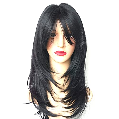 Image of Women's Full Head Wig - Shoulder Straight Length Natural Black Layered Synthetic Hair Extension for Women and Girls