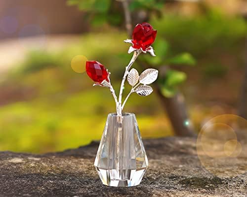 H&D HYALINE & DORA Crystal Red Roses,Glass Rose Flower Figurine with Silver Pole ,Forever Crystal Rose Paperweight Romantic Gift for Her/Wife/Mom/Women