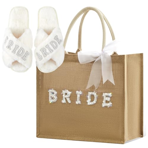 Hestya Bride Tasche Brautschuhe Flach Braut Geschenk Braut Jute Tragetasche Hochzeit Hausschuhe Tote Bag Perle Bride To Be Geschenk für Brautparty Junggesellenabschied JGA Accessoires