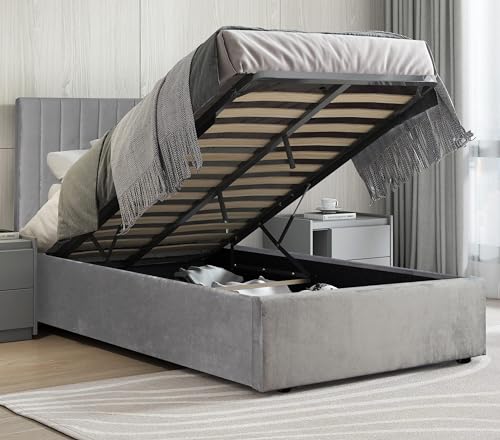 Upholstered Ottoman Bed Single Bed Frame UKFR Velvet Grey Ottoman Storage Bed With Gas Lift End Opening Wooden Slats With Storage Bed (3ft Single 90 x 190, No Mattress)