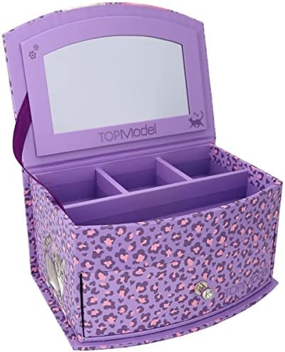 Depesche 12281 TOPModel Lilac Leo Love - pudełko na biżuterię, z wzorem leo, motywem modelu i kamieniami brokatowymi, z lusterkiem i pokrywą na zawiasach