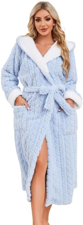 LYCY Womens Plush Hooded Robe, Soft Fluffy Womens Fleece Robe Long Warm Bathrobes for Women