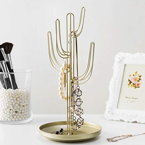 Mygift Gold Metal Jewelry Holder Stand With Ring Tray, Decorative Cactus Shaped Jewelry Tree For Necklaces And Bracelets #TOP2