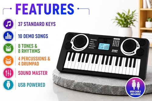 Image of Braintastic Kids Piano Keyboard with Microphone, 37 Keys, 8 Rhythms, 8 Tones with 6 in-Built Demos & Song Recording Feature for Boys & Girls (Black Mini)
