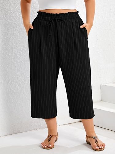 AusLook Plus Size Capri Wide Leg Pants for Women with Pockets High Waisted Elastic Drawstring Summer Casual Flowy Boho Vacation Beach Cropped Black White Stripes 5X Trousers — view 3