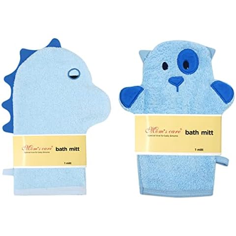 Eyands 2Pcs Blue Baby Wash Mitt - Cute Animal Designs Kids Washcloths Glove, Child Bath for Cleanse The Skin(Dinosaur,Dog) Cover