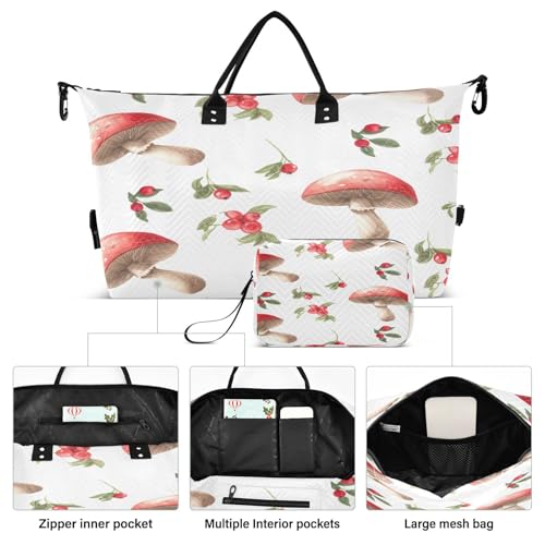 Large Foldable Travel Duffel Bag, Waterproof Gym Bag for Men & Women, Carry-On Luggage Weekender Overnight Bag, Mushrooms Red Berries2