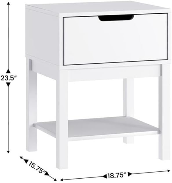 Pemberly Row Kids Nightstand with Storage Drawer and Open Shelf, 18.75" W x 15.75" D x 23.5" H, Engineered Wood and Rubberwood, White Finish, Stylish Cutout Handle, Sturdy Design for Kids Bedroom