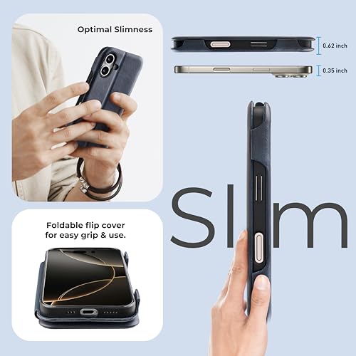 Image of PULOKA - Sleek Flip Case- Compatible for iPhone 16 Plus- Premium Vegan Leather Phone Cover with Card Slot - Slim, Durable, Privacy Protection - Kickstand Function - Elegant Flip Wallet Cases- (Blue)