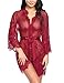 Produktbild Avidlove Damen Kleid Gown Kurz Dessous Kimono Spitze Weiter Ärmel Transparente Robe Mesh mit Gürtel und G-String Bikini Cover up Spitze Sommer Bat Weiter Ärmel, A Rotwein, L