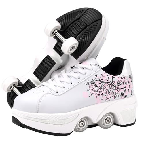 Roller Skate Shoes for Girls, Kids, Women, Men,Double-Row Skating Shoes,Retractable Wheels Sneakers,Adjustable Parkour Roller Skates,Deformation Sneakers Outdoor (Bhua, 9 Women/8 Men) by UonrvaoN - Used condition - US$39.21