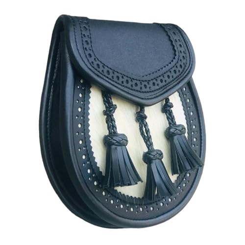 Scottish Black Leather & White Fur Kilt Sporran Traditional Highland Leather Sporran4