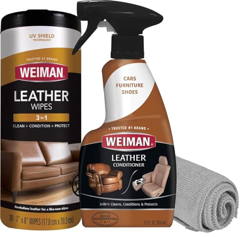 Weiman Leather Cleaner & Conditioner Care Kit - Cleans Conditions & Restores Leather - UV Protection Prevents Cracking & Fading on Sofa Car Seats Shoes Bags & Furniture
