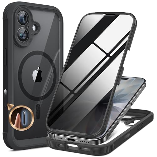 Miracase iPhone 17 ケース 覗き見防止 MagSafe対応 スマホケース あいふおん17 用 カバー 9H 強化ガラス 360°保護 全身バンパー保護ケース 6.3インチ フルカバー ワイヤレス充電対応 マグセーフ対応 マグネット搭載 黒