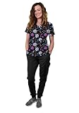 Green Town Womens Medical Nursing Scrub Set GT 4FLEX Print Top and Jogger Pant-Big Floral Bouquets-Medium
