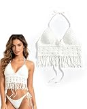KAHZOR 1 unidad Top Crochet Halter para Mujer, Blanco, Bohemio, Ligero y Transpirable, Ideal para Playa, Verano y Festival. Cobertor Elegante de Bikini