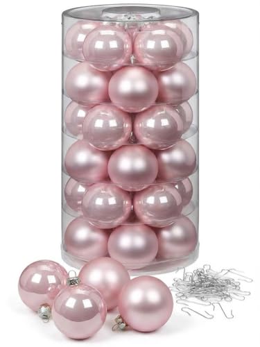 Inge Glas Weihnachtskugeln mit Haken | Schöne Christbaumkugeln aus Glas | Set 30 Kugeln und 40 Aufhänger | Christbaumschmuck Weihnachtsbaumkugeln (Lovely Magnolia | rosa)