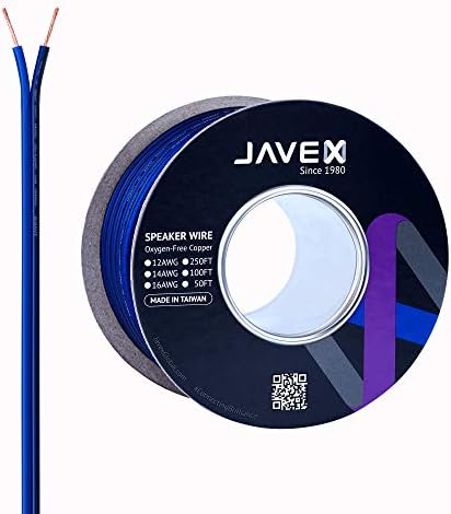JAVEX Speaker Wire 14-Gauge [2.11mm2] [0.16mm Strands Oxygen-Free Copper 99.9%] Stranded Copper, Blue/Black, Cable for Hi-Fi Systems, Amplifiers, AV receivers and Car Audio Systems, 50FT [15.25CM]