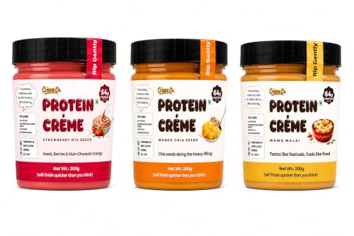 Image of CREME CO. Desi Delight Trio - Mawa Malai, Mango Chia & Strawberry Seeds Protein Creme Combo (3 X 200G)