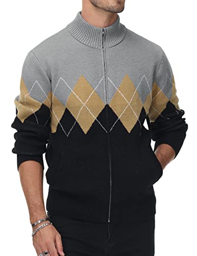 Men Retro Preppy Style Argyle Cardigan Sweater Vintage Zip Turtleneck Knitwear Black #TOP3