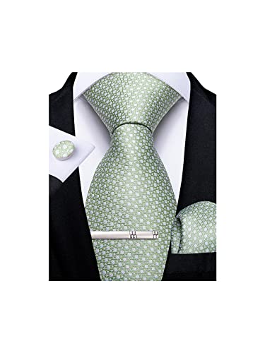 DiBanGu Men's Necktie Plain Silk Woven Striped Plaids Tie Handkerchief Cufflink Tie Clip Set Formal Business Wedding (Plaid Sage Green)