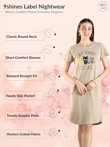 Image of 9shines Label Hosiery Cotton Knee Length Short Night Dress | Short Nighty for Women with Pocket | Graphic Print Nightwear | Night Gown for Women (M-7XL)