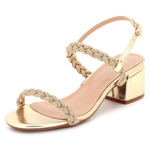 Image of AARZ LONDON Womens Diamante Block Heel Sandals Elegant Ankle Strap Evening Wedding Party Bridal Sparkly Ladies Gold Shoes Size 6 UK 39 EU