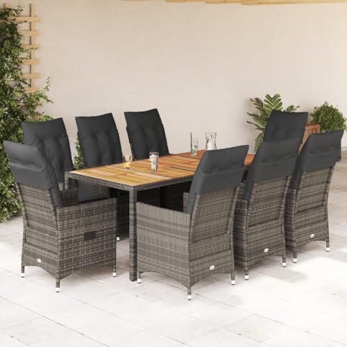 INLIFE Set Comedor jardín 9 pzas y Cojines ratán sintético Gris Mobiliario,Muebles de jardín,Conjuntos de jardín Gris 97.8kg-463