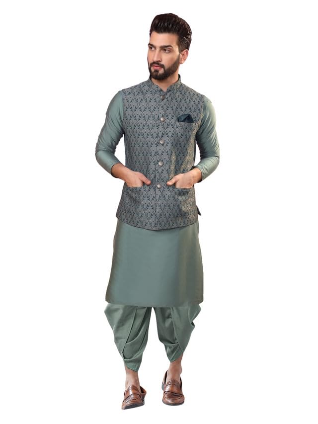 Kisah Mens Kurta Jacket Dhoti Set, Jacquard Silk Blend Mandarin Collar Long Sleeves, Green Ethnic Wear Set For Men, 42