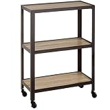 BAKAJI Carro de cocina de metal con 3 estantes de madera y 4 ruedas giratorias a 360 grados con freno de Trolley para ahorrar espacio, decoración del hogar o cocina. Dimensiones 60 x 30 x 85 cm.