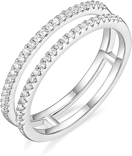 925 Sterling Silver Created White Diamond Classic Double Row Ring Enhancer | Minimalist Symmetrical Parallel Guard Band for Solitaire Rings | Curved Wedding Ring Jacket for Women | Size 4-13