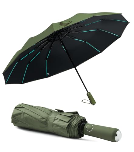 Lantusire Large Double-Ribs Umbrella Automatic Folding Umbrella for Women Men, Travel, UPF 50+ UV Protection,46-Inch, 12 Ribs, Dark Green