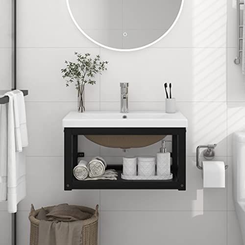 Zeehear Wall-mounted washbasin frame with built-in basin, black, powder-coated iron, 59 x 38 x 31 cm, modern design for bathroom, space-saving, high durability