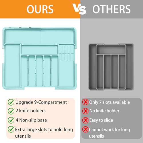 Homecor Silverware Organizer - Expandable Large Kitchen Drawer Organizer Utensil Organizer with 2 Knife Block Inserts, 22"x 19"Cutlery Tray with Drawer Dividers for Kitchen Flatware (Turquoise) - Thumbnail 3
