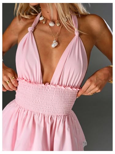 Image of MakeMeChic Women's Summer Mini Dress Floral Halter Ruffle Backless A Line Dresses Flowy Cami Vacation Sundress