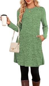 SENBATU Strickkleid Damen Lässiger Rundhalsausschnitt Kleid Damen Gestricktes Midikleid mit Taschen Grün X-Large