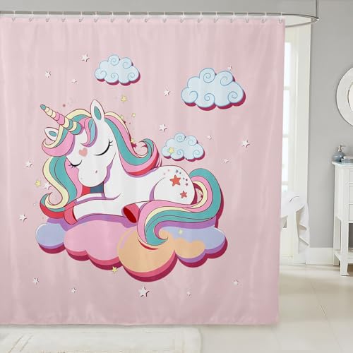 Girly Unicorn Bath Curtain Fantasy Unicorn Themed Shower Curtain for