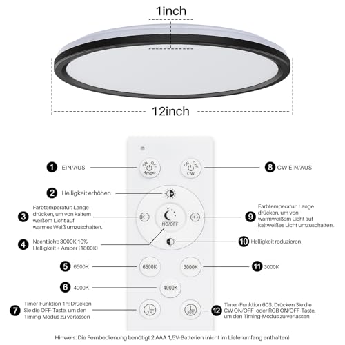 AmazeFan 12Inch LED Flush Mount Ceiling Light with Remote Control, Dimmable Night Light 1800K 3000K/4000K/6500K 24W Low Profile Hardwiring Ceiling Lamp for Bedroom LivingRoom Kitchen Hallway-Black by AmazeFan - Image 8