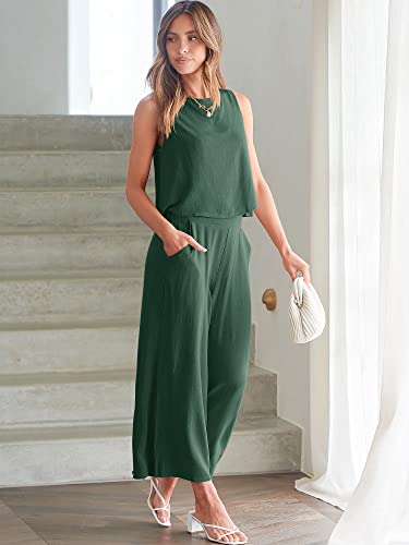 Image of ANRABESS Women's Summer 2 Piece Outfits Sleeveless Tank Crop Button Back Top Cropped Wide Leg Pants Set Pockets
