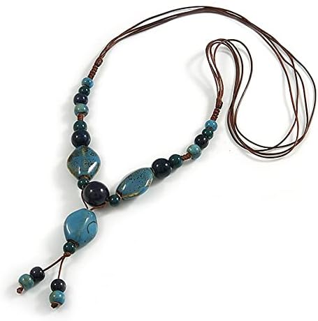 Avalaya Teal/Blue Oval/Round Ceramic Bead Tassel Necklace with Brown Silk Cord/ 70-80cmL/ Adjustable, teal, blue - Image 5