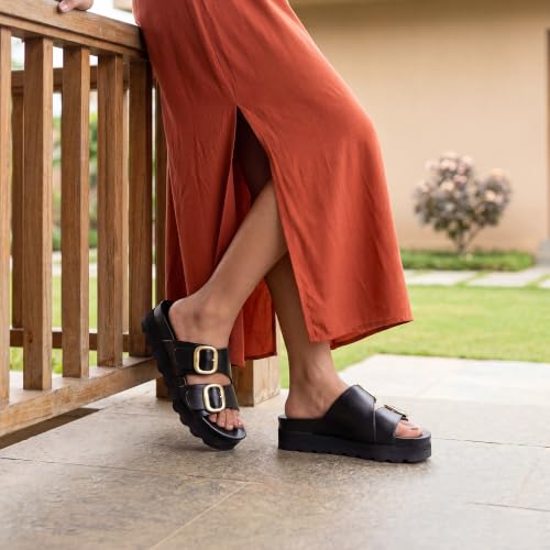 Image of Frido Women's Arch Support Wedge Sandals, Orthopedic Cushioned Platform Heels with Anti-Slip Sole, Comfortable Slip-On Footwear for Office, Travel, Daily Wear & Long Standing | Available in 3 Style- Buckle Strap, Velcro Strap & Classic Styles