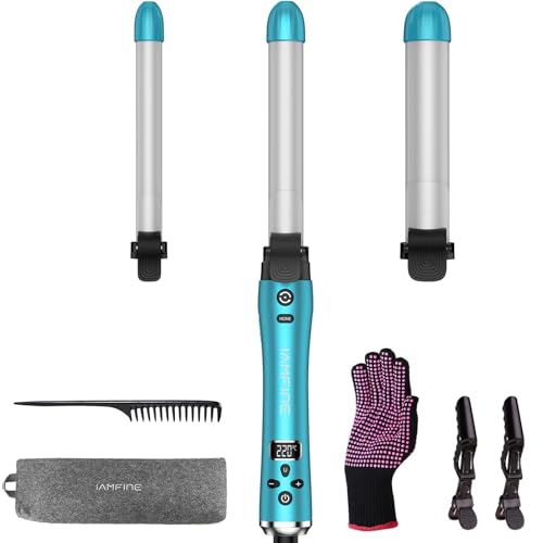 Rotating Automatic Hair Curling Wand, IAMFINE 3 in 1 Automatic Hair Curler Wand Set, Curling Tongs with 3 Interchangeable Ceramic Barrels, Curling Iron with LCD Display, 160-220℃ for Beach Waves