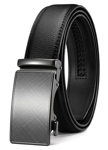 Image of Chaoren Leather Ratchet Belt 2 Pack Dress with Click Sliding Buckle 1 3 /8 inch in Gift Set Box - Adjustable Trim to Fit