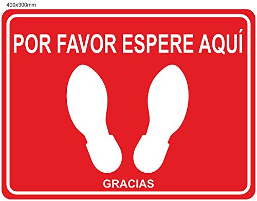 Pegatina "POR FAVOR ESPERE AQUI" - 4 unidades - distancia seguridad - antideslizante - 40cm x 30cm - rojo - Vinilo distancia seguridad