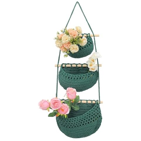 Plcnn 3 Tier Hanging Baskets for Organizing, Over The Door Woven Basket, Wall Hanging Fruit Bag, Boho Hanging Storage Basket for Kitchen Living Room Garden Decor (C) Cover