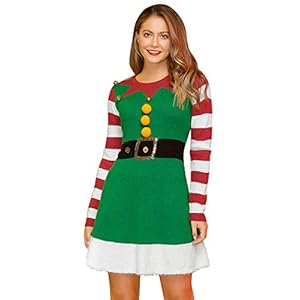 Christmas Women Casual Funny Colorful Ugly Sweater Dress Long Sleeve A Line Holiday Santa Costume Elf L